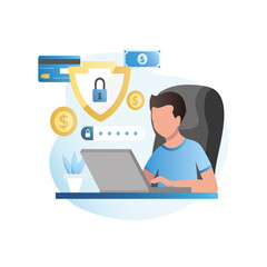 protecting data on computer on internet. man at his workplace set login, password to enter bank's we