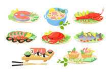 Creative Festive Seafood Dishes Flat Pictures Set For Web Design. Cartoon Fish, Shrimps, Salmon, Crab And Lobster Served On Plates Isolated Vector Illustrations. Sea Cuisine And Food Concept