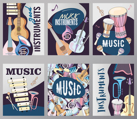 Bright greeting card designs with musical instruments. Bundle of various musician instruments on brochures. Music and entertainment concept. Template for promotional leaflet or flyer