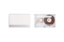 Transparent Cassette Tape With Cassette Tape Case Isolated On White Background.
