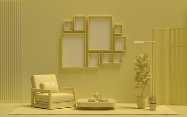 Modern interior flat light yellow color room with furnitures and plants, gallery wall template with 9 frames on the wall for poster presentation, 3d Rendering