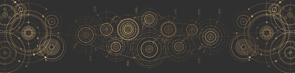 Technological background.Drawing of gears .School physics.Engineering Project.Technology black banner. Industrial mechanics. Vector illustration.