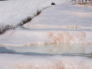 textured background. Natural travertine pools and terraces in Pamukkale Turkey