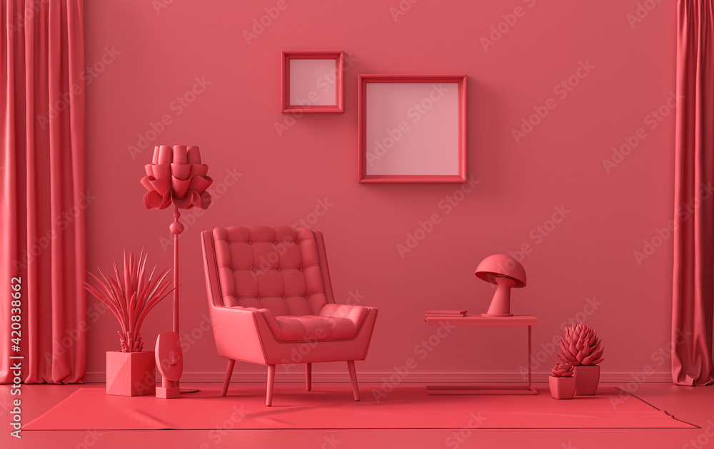 Gallery wall with 2 frames, in monochrome flat single dark red, maroon color room with furnitures and plants,  3d Rendering - obrazy, fototapety, plakaty 