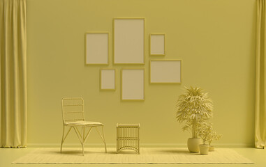 Poster frame background room in flat light yellow color with 6 frames on the wall, solid monochrome background for gallery wall mockup, 3d rendering