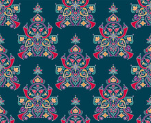 Indian Traditional Ethnic Motifs In A Seamless Vector Repeat Pattern Print. Mandala-inspired Green Red Pattern.