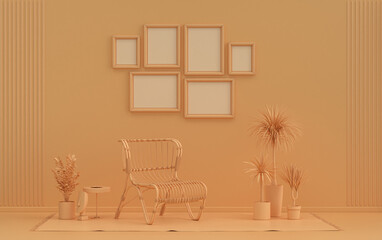 Poster frame background room in flat orange pinkish color with 6 frames on the wall, solid monochrome background for gallery wall mockup, 3d rendering