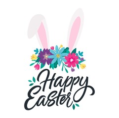 Wall Mural - Happy Easter colorful design template with hand drawn bunny ears, flowers and lettering. Cartoon style spring holiday vector illustration. Easter day poster or banner with flowers.