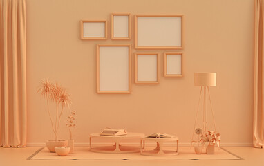 Poster frame background room in flat orange pinkish color with 6 frames on the wall, solid monochrome background for gallery wall mockup, 3d rendering