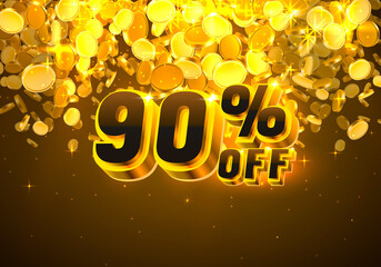 Sale 90 off banner, promotion discount flyer, Big win golden coins. Vector