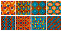 Ethnic Wax Textile Pattern. African Abstract Wax Seamless Ornaments Vector Background Illustration Set. Vibrant Colours Decorative Fabric Texture