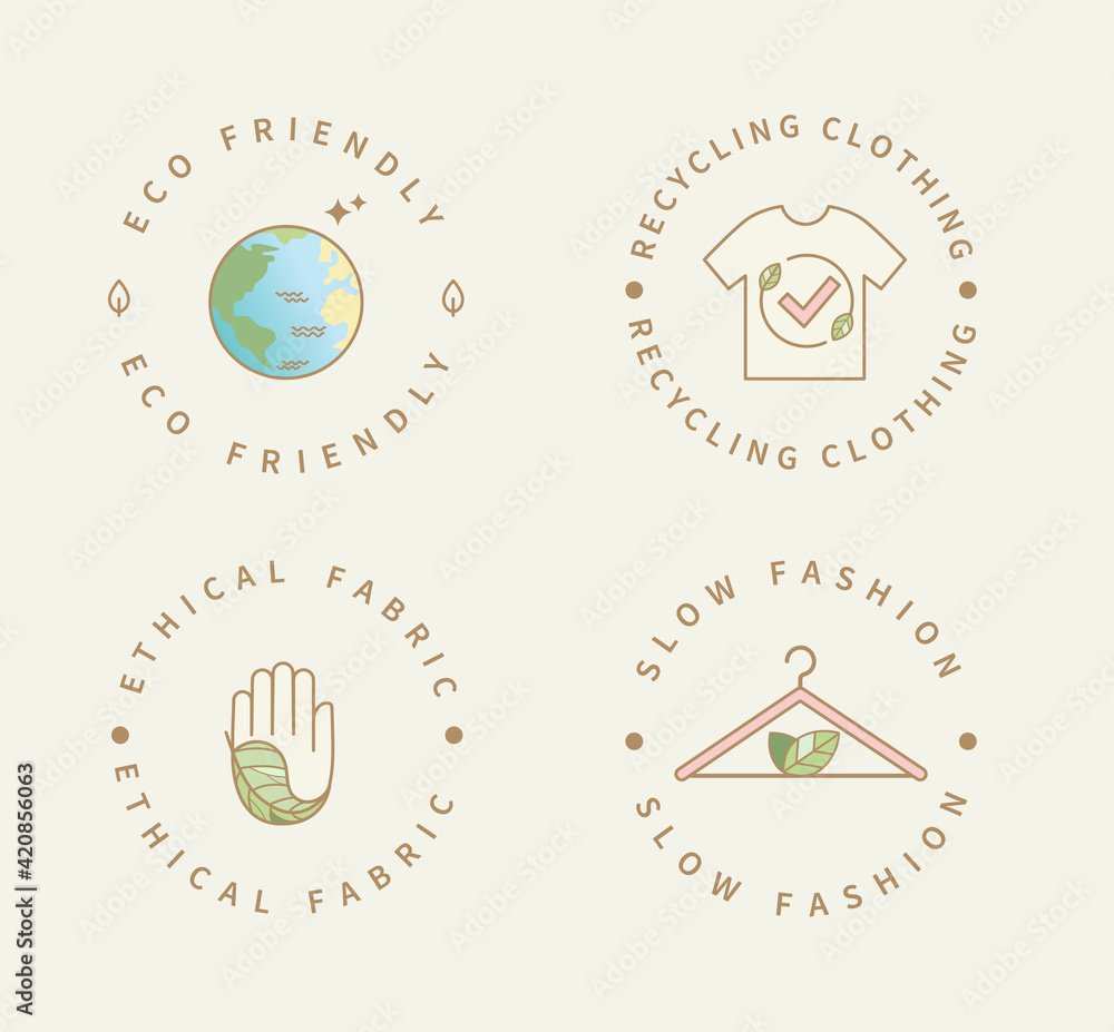Eco friendly manufacturing fashion logo,label. Icons, badges for natural and quality recycling clothing, ethical fabric and slow fashion with eco sustainable materials.Conscious fashion.Vector - obrazy, fototapety, plakaty 