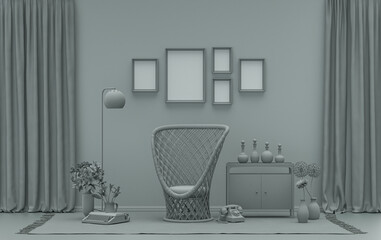 Flat color interior room for poster showcase with 5 frames  on the wall, monochrome ash gray color gallery wall with furnitures and plants. 3D rendering