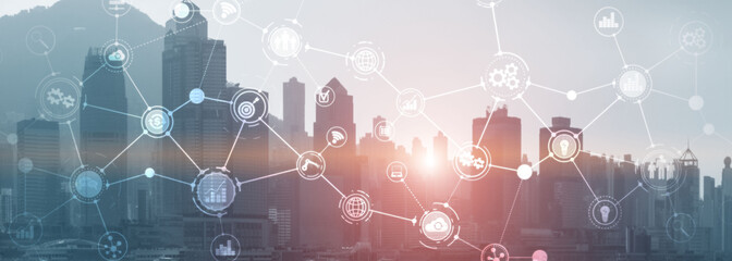 Wall Mural - business organizational structure innovation automation technology panoramic website header backgrou