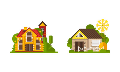 Sticker - Rural Farm Area with House and Building Rested on Green Lawn Vector Set