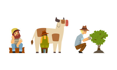 Poster - Bearded Man Farmer Picking Berries and Milking Cow Vector Set