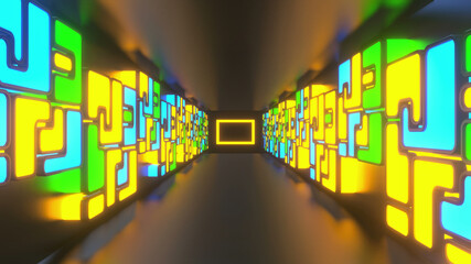 Wall Mural - Colorful Cube Neon Tunnel Background 3d render