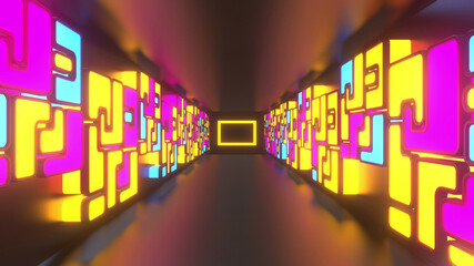 Wall Mural - Colorful Cube Neon Tunnel Background 3d render