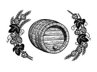 Wall Mural - Old wooden barrel with cork in frame of hop branches and wheat barley ears. Beer, wine, rum whiskey traditional barrel.