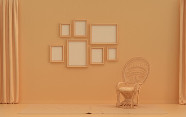 Mock-up poster gallery wall with 7 frames in solid pastel orange pinkish room with single chair, without plant, 3d Rendering