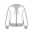© Vectoressa - Zip-up Hoody sweatshirt technical fashion illustration with long sleeves, oversized body, knit rib cuff, banded hem. Flat large apparel template front, white color. Women, men, unisex CAD mockup