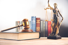 Law Book With A Wooden Gavel And Justice Lady