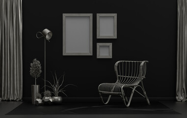 Gallery wall with three frames, in monochrome flat single black and metallic silver color room with furnitures and plants,  3d Rendering