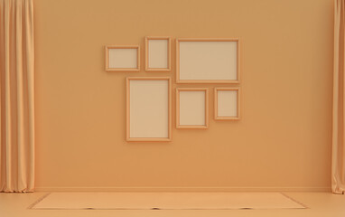 Poster frame background room in flat orange pinkish color with 6 frames on the wall, solid monochrome background for gallery wall mockup, 3d rendering