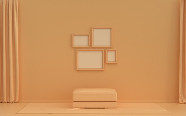 Interior room in plain monochrome orange pinkish color, 4 frames on the wall with middle ottoman puff without plants, for poster presentation, Gallery wall. 3D rendering