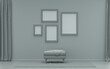 Interior room in plain monochrome ash gray color, 4 frames on the wall with middle ottoman puff without plants, for poster presentation, Gallery wall. 3D rendering