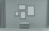 Fototapeta  - Interior room in plain monochrome ash gray color, 4 frames on the wall with middle ottoman puff without plants, for poster presentation, Gallery wall. 3D rendering