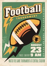 American Football Retro Poster Template For Local Tournament With Rugby Ball, Trophy Cup And Flash Speed Trails And Thunders. Sports And Recreation Vintage Vector Flyer Layout.