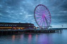 Seattle Great Wheel And Waterfront At Dusk, Seattle, Washington State, USA
