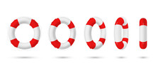 Collection Of Realistic Lifebuoy Striped Circle With Shadow Vector Rescue Life Belt Marine Lifeline