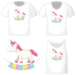 Sticker - Cute unicorn logo on different white shirts isolated on white background