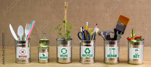 Zero Waste management, illustrated in 6 old tin cans with labels Refuse, reduce, recycle, repair, reuse, rot. Save money, eco lifestyle, sustainable living and zero waste concept