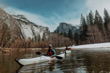 Friends Kayaking In Lake, Yosemite Village, California, United States