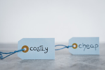 Cheap vs Costly prioduct price tags next to each other symbol of options for the customer, money and consumer behaviour