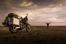 Motorcyclist Enjoying View In Desert, Arequipa, Peru