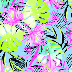 Poster - Tropical  flowers, palm leaves, vector seamless pattern. Jungle foliage illustration. Exotic plants. Summer beach floral design.