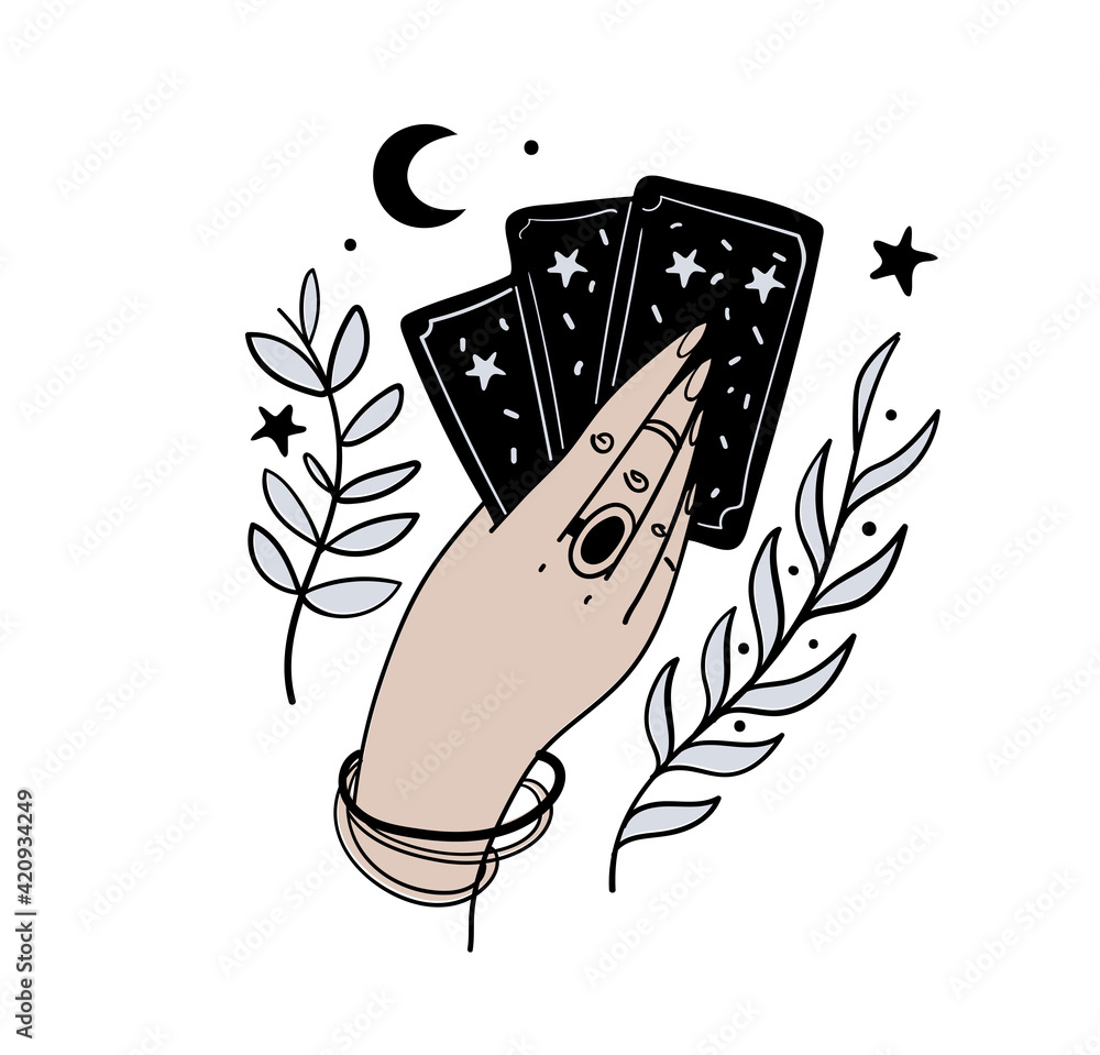 Female hand holds magic tarot cards, boho tattoo, symbol of fortune-telling and prediction, icon for witch, astrology. Vector illustration isolated on white background. - obrazy, fototapety, plakaty 