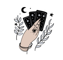 Female Hand Holds Magic Tarot Cards, Boho Tattoo, Symbol Of Fortune-telling And Prediction, Icon For Witch, Astrology. Vector Illustration Isolated On White Background.