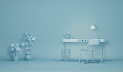 Wall Mural - Pastel blue monochrome minimal office table desk. Minimal idea concept for study desk and workspace. 
3D rendering for picture frame backgrounds, working time