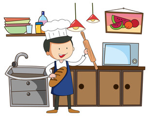 Canvas Print - Little chef with kitchen equipments on white background