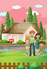 Poster - Outdoor scene with family standing in front of a house for sale