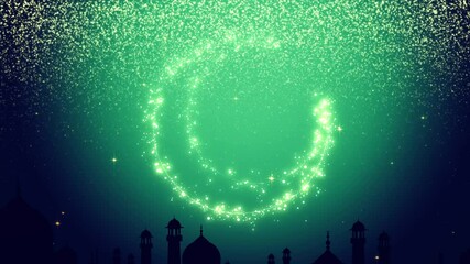 Wall Mural - Ramadan Kareem Background Loop. Silhouette of Taj Mahal with particle glitter glow and crescent moon on soft background.