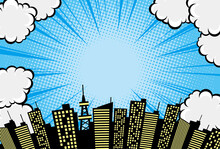 コミックアート風の雲と空と都市の背景素材