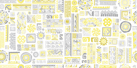 Wall Mural - Ethnic handmade ornament, seamless pattern. Trend Pantone color 2021 - yellow and grey