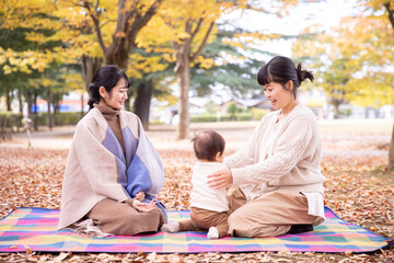 Wall Mural - 公園で赤ちゃんと抱っこしてママ友と話す女性
