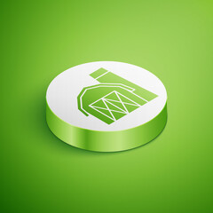 Poster - Isometric Farm house icon isolated on green background. White circle button. Vector